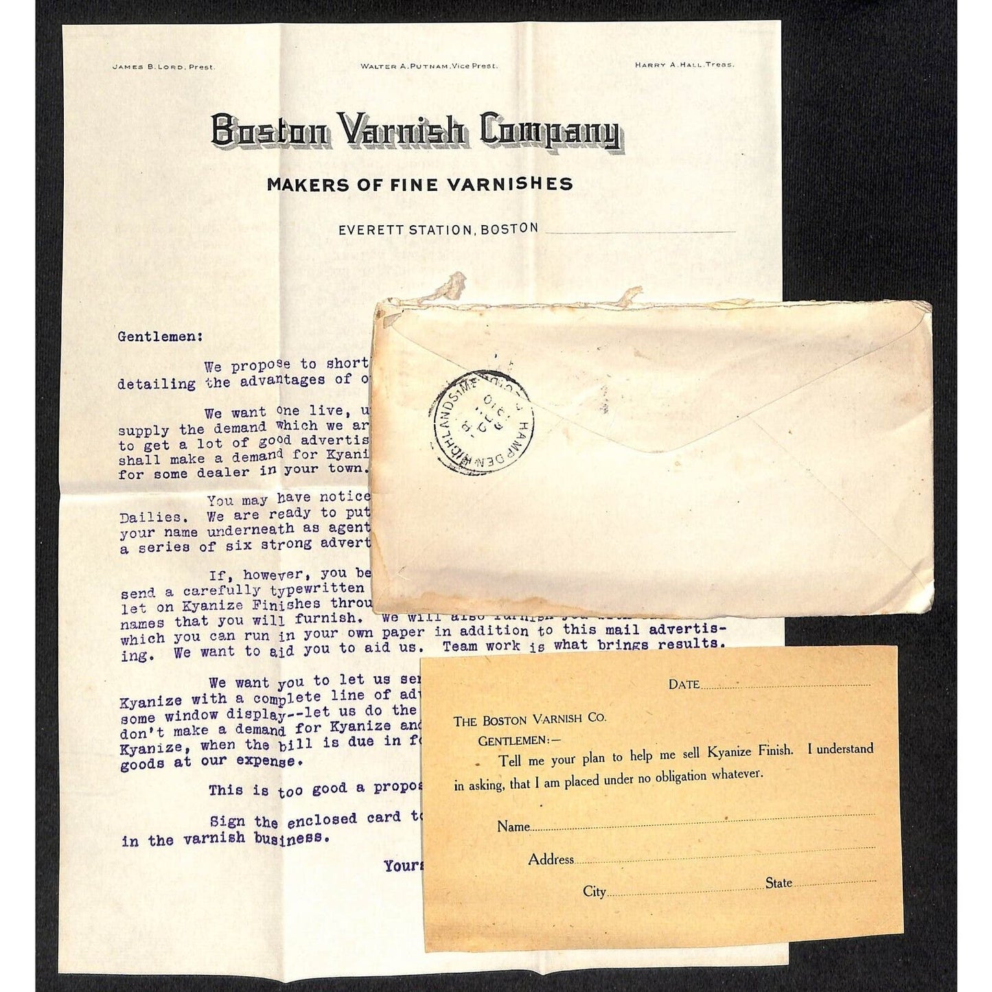 Boston Varnish Co. 1910 Letterhead, Card & Color Advertising Cover Scarce VGC