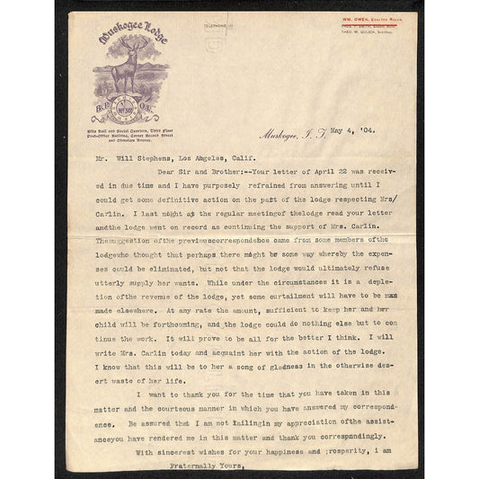 1904 BPOE Elks Club 517 Muskogee Lodge Indian Territory Letterhead w/ Vignette