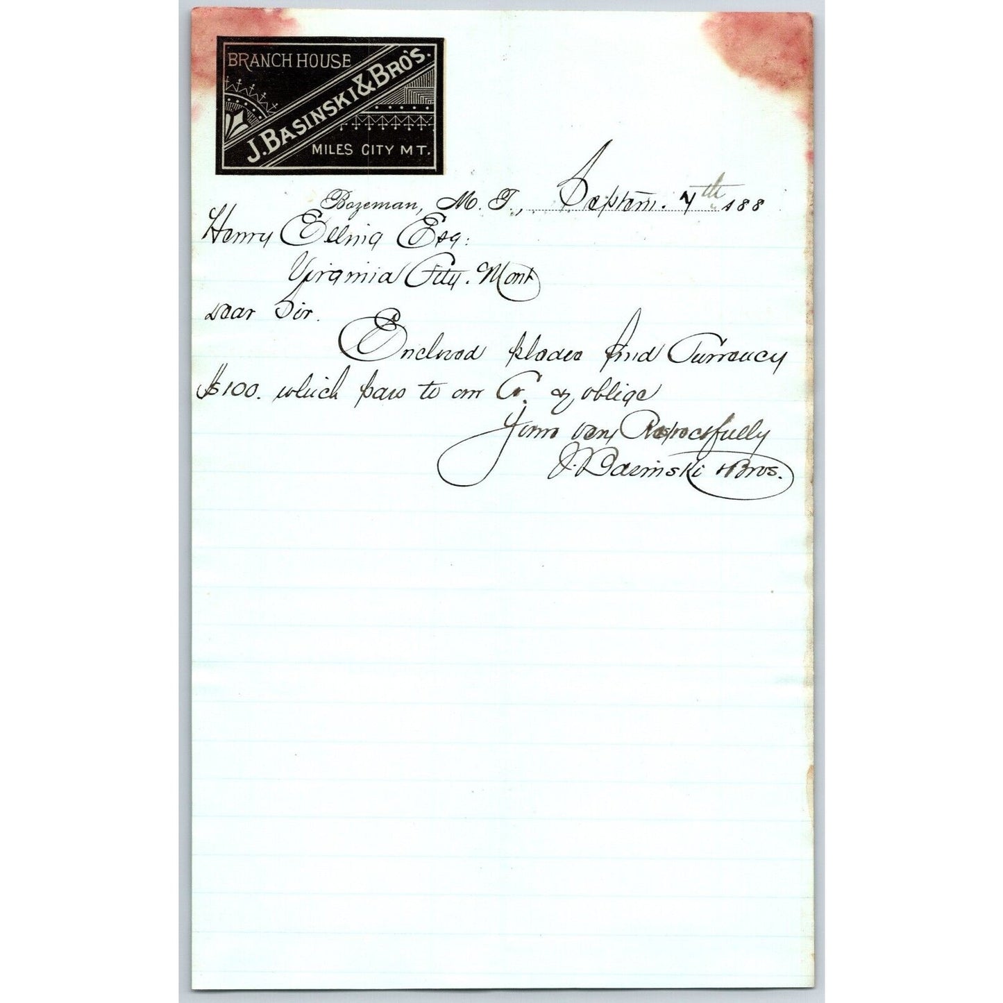 J. Basinski & Bros. Bozeman, MT (Dry Goods) 9/7 1881 Letterhead Henry Elling*