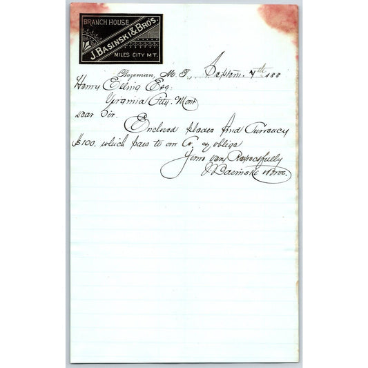 J. Basinski & Bros. Bozeman, MT (Dry Goods) 9/7 1881 Letterhead Henry Elling*