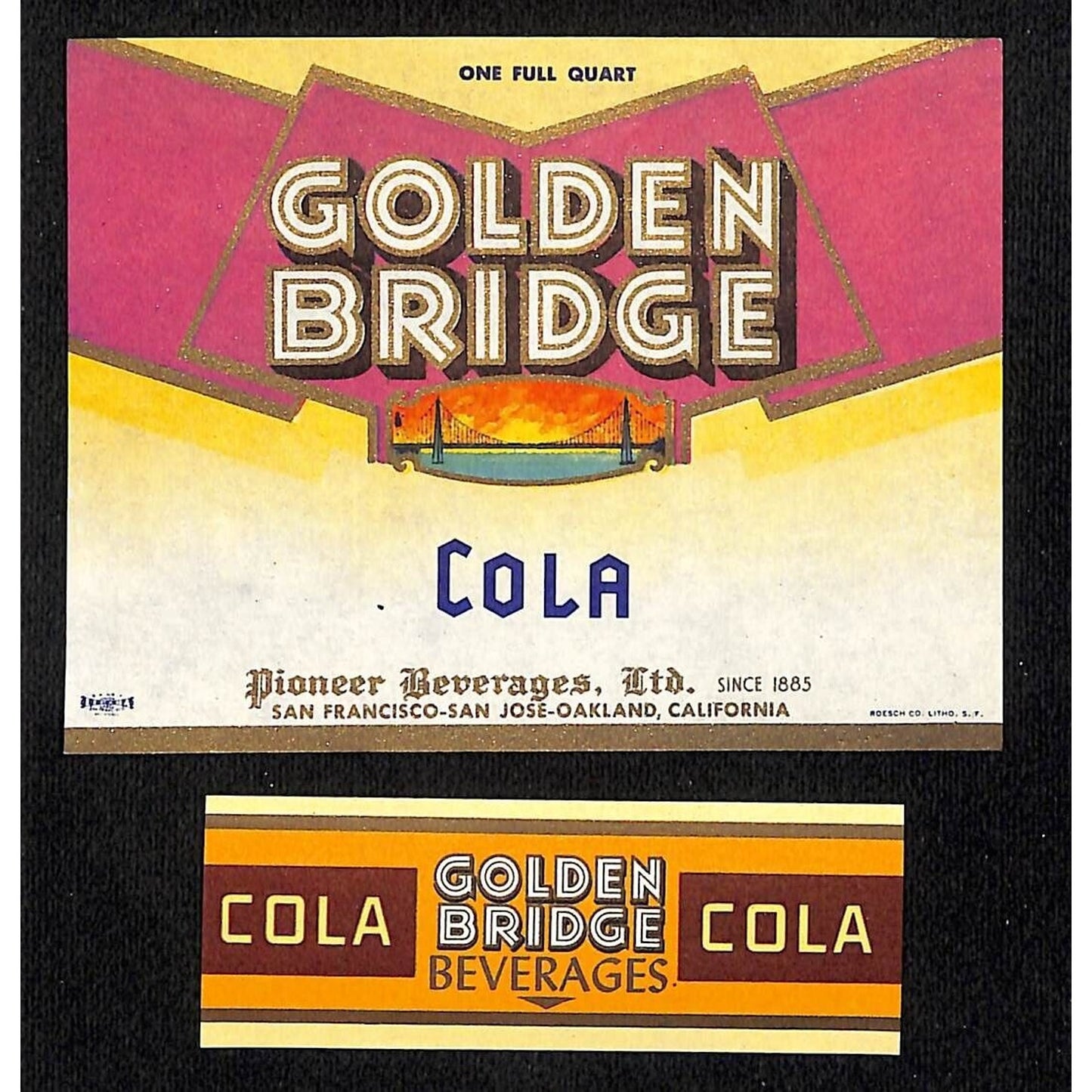 Golden Bridge Cola Soda Label Set Pioneer Beverage Company c1940's