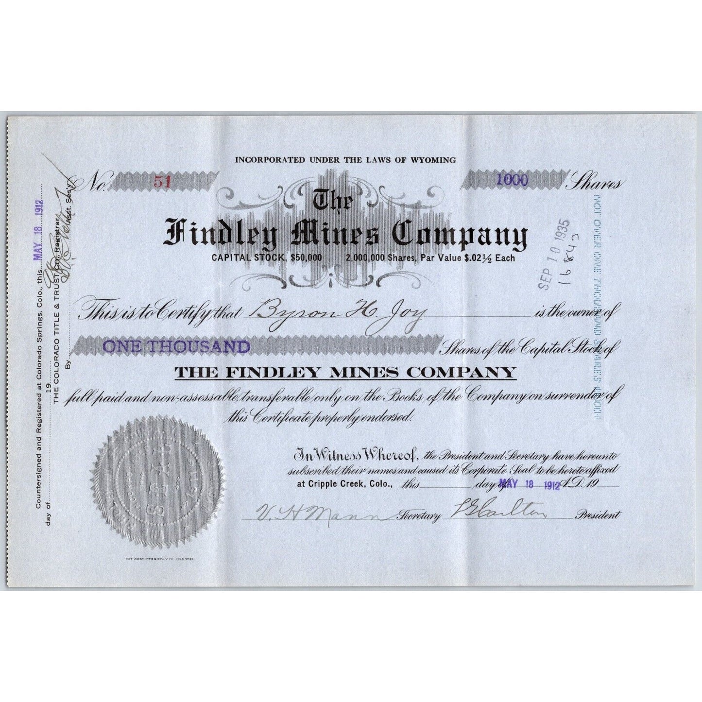 Findley Mines Company 1912 Stock Certificate Cripple Creek District #51
