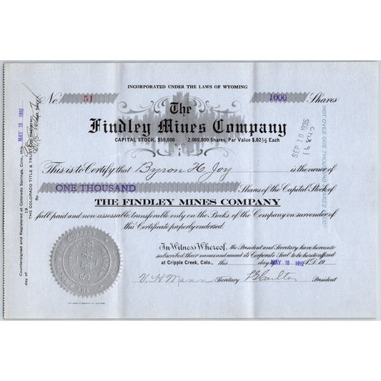 Findley Mines Company 1912 Stock Certificate Cripple Creek District #51