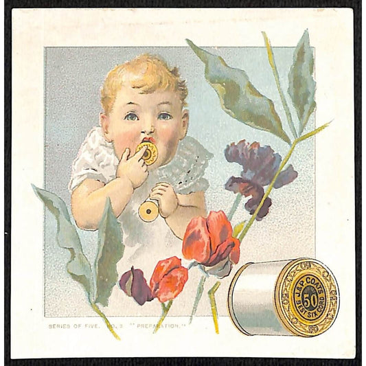 J&P Coats Thread Victorian Trade Card Baby Playing with Product