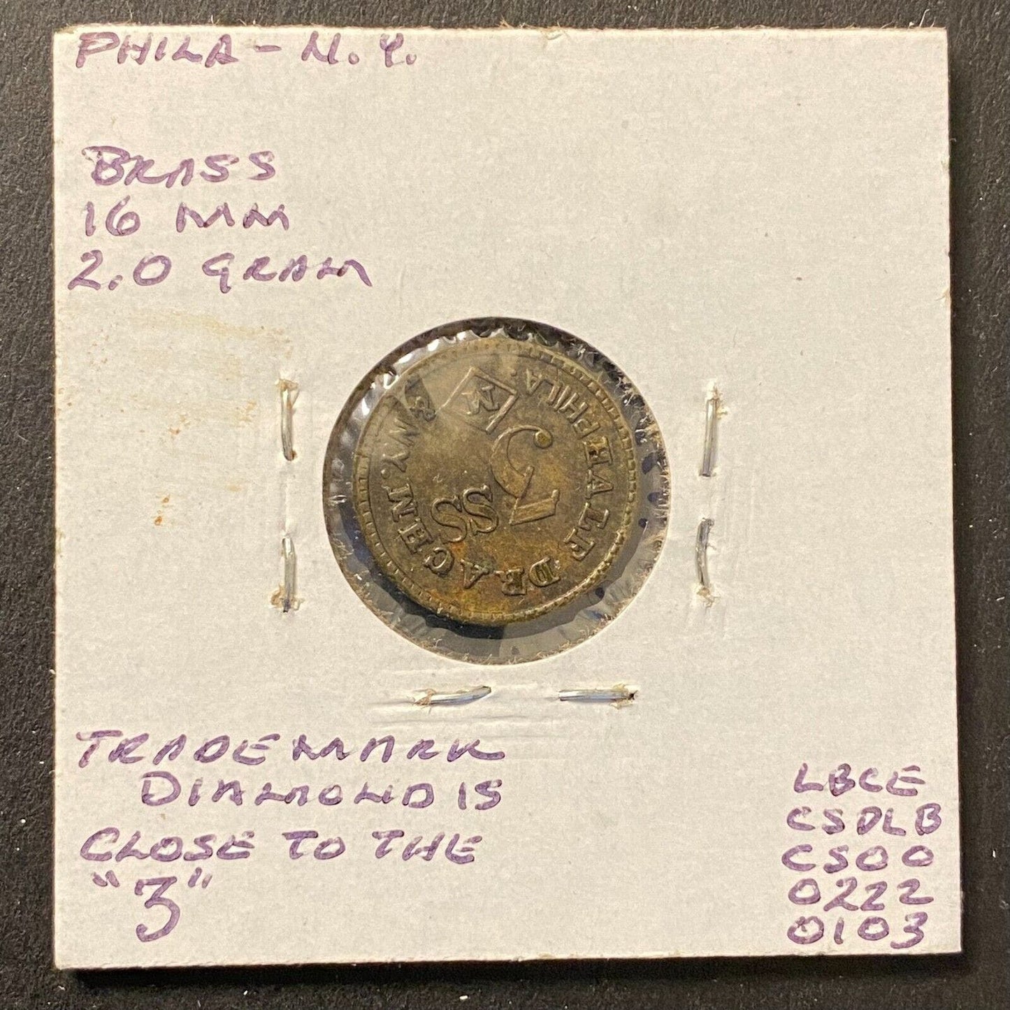 Half Drachm 3SS (John Maris) Phil. NY Apothecary Weight Brass 16mm 2g Token