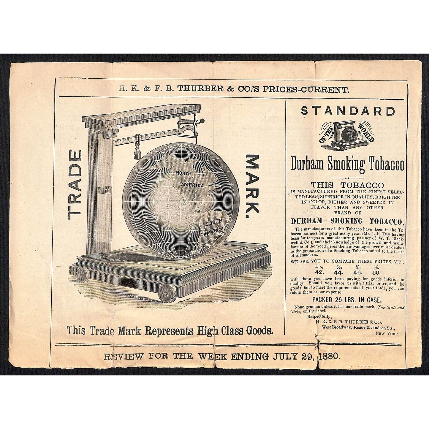 H.K. & F.B. Thurber & Co NYC 1880 Newspaper-Style Whsl. Food Price List TORN*