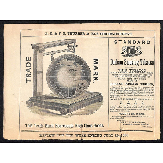 H.K. & F.B. Thurber & Co NYC 1880 Newspaper-Style Whsl. Food Price List TORN*
