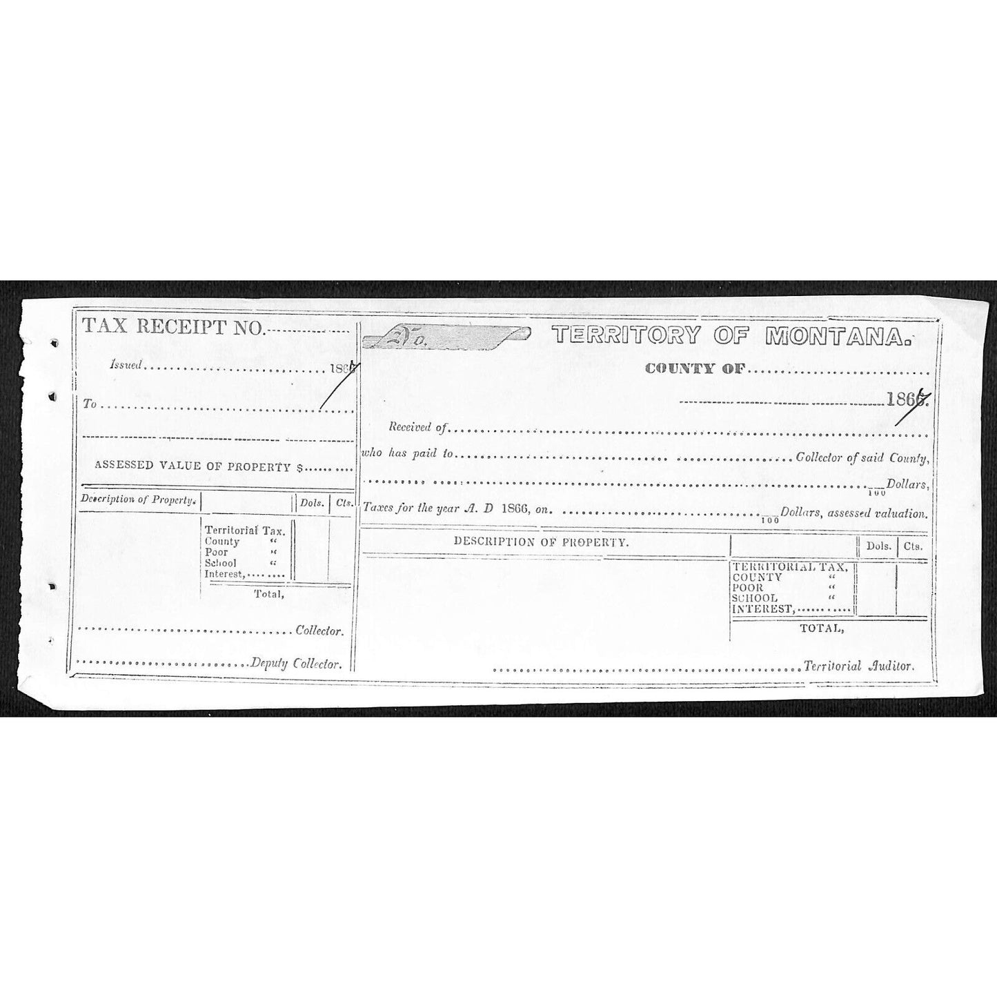 1867 Territory of Montana Territorial Poor School County Tax Receipt Form (#1)
