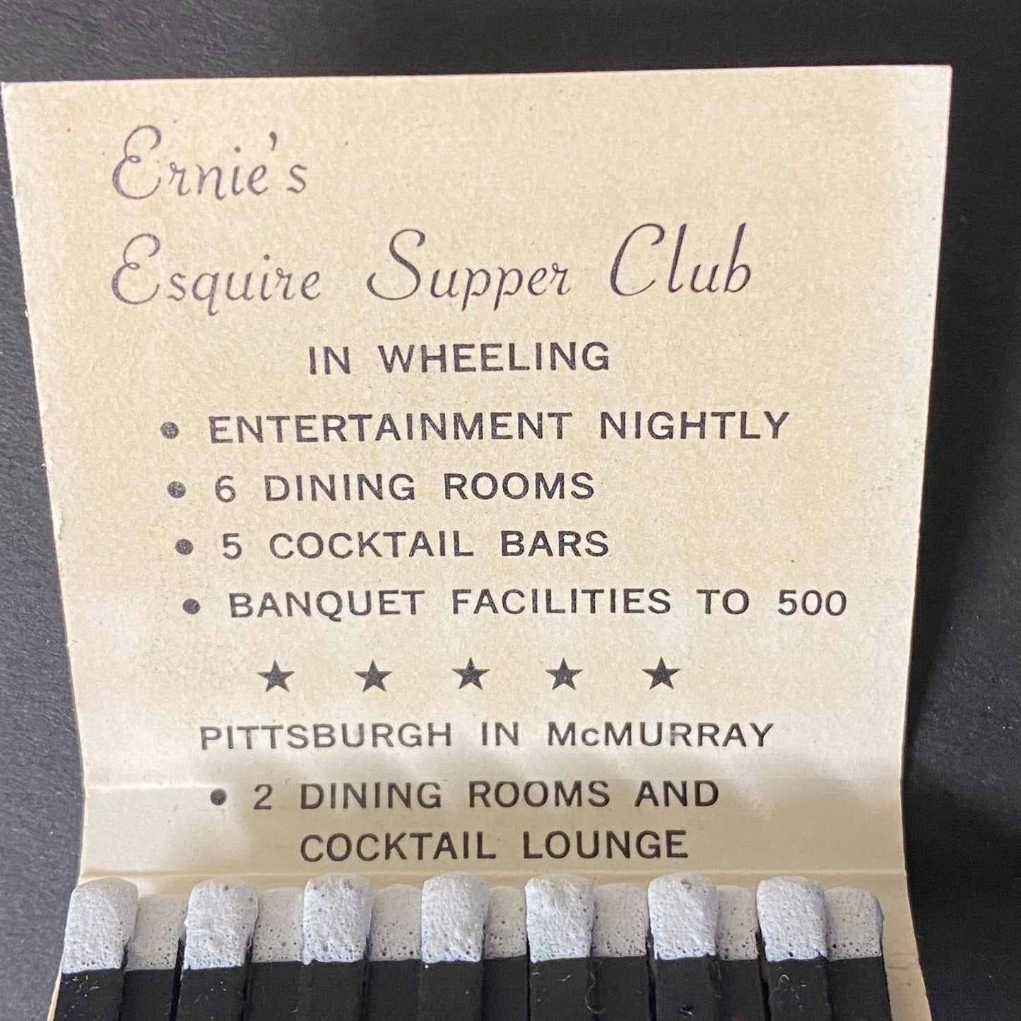 Ernie's Esquire Supper Club Wheeling, WV Full Matchbook Scarce VGC c1965-74