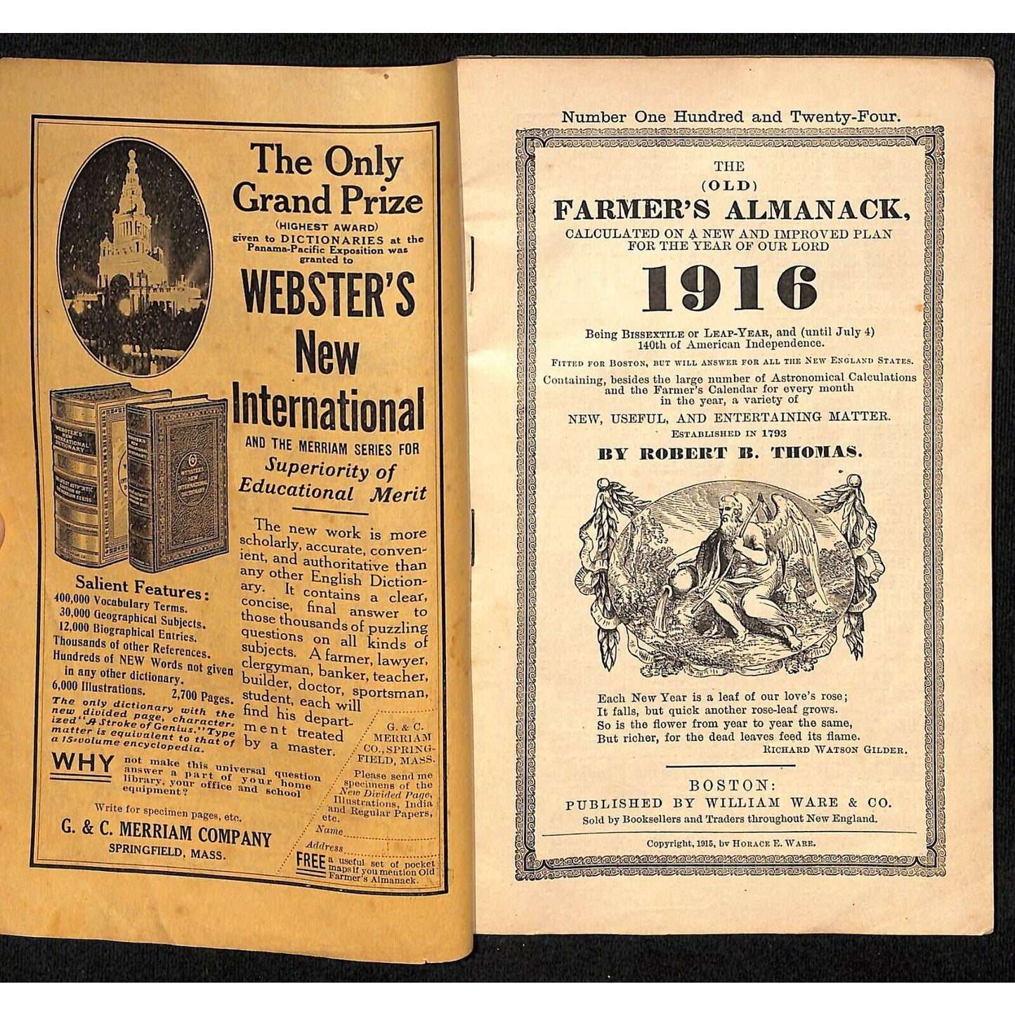 1916 Old Farmer's Almanac 48pp A.S. Peterson, Rockland, MA / Arm & Hammer Ad