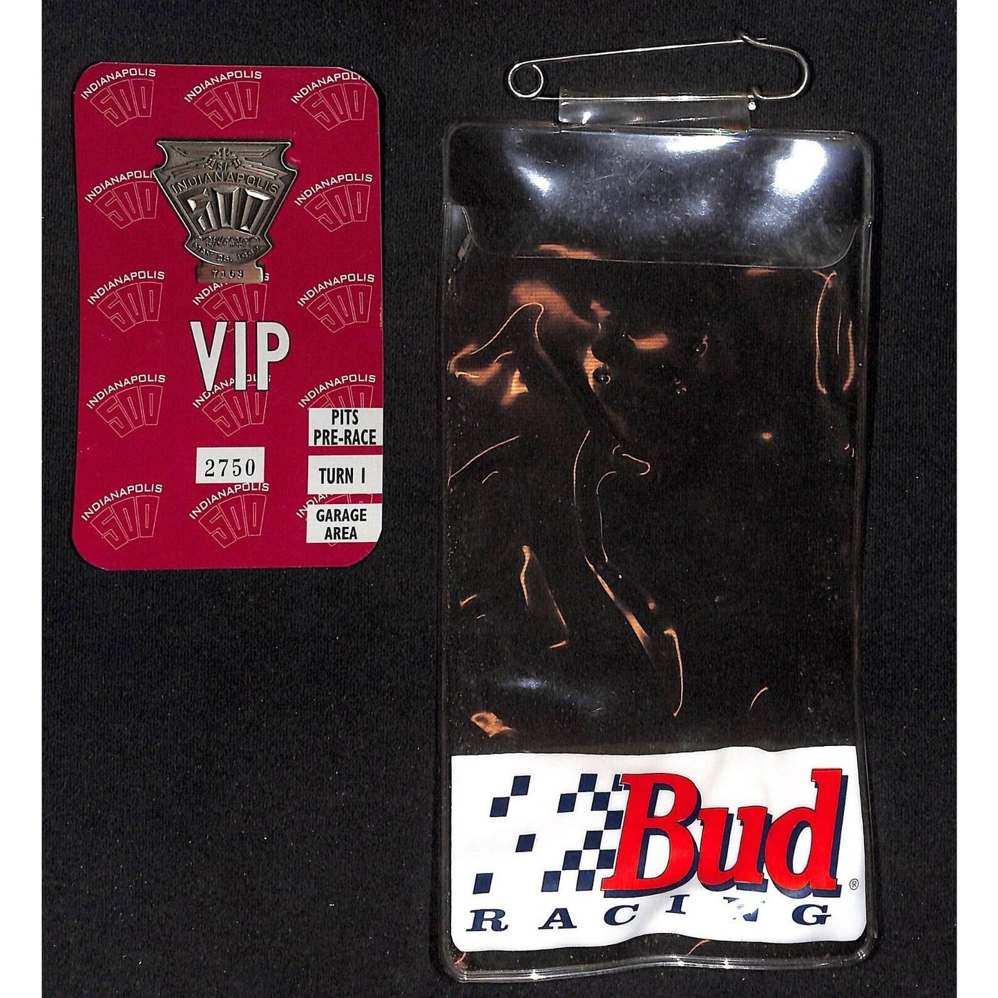 1997 Indianapolis 500 VIP Pit Pass Pinback on Card w/ Bud Racing Lanyard Sleeve