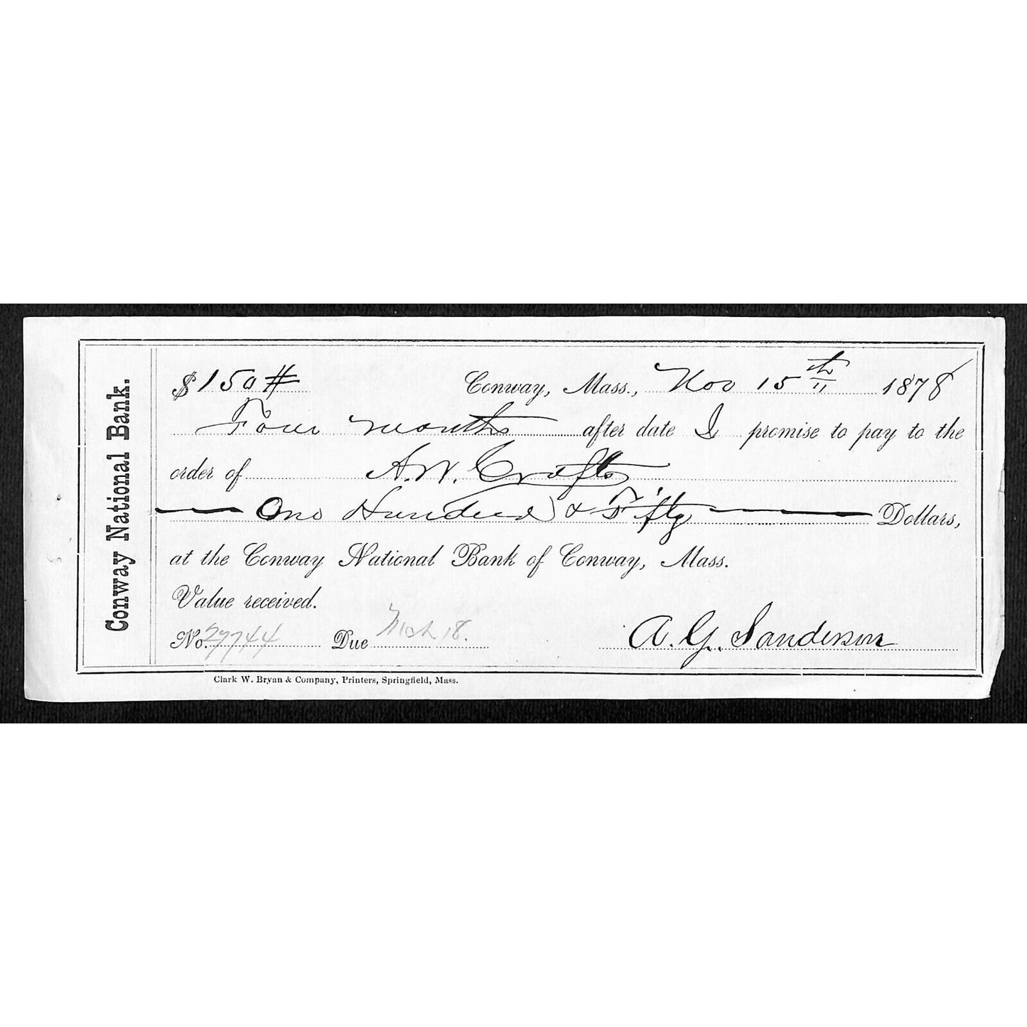 1878 Conway National Bank of Conway, MASS $150 Promissory Note