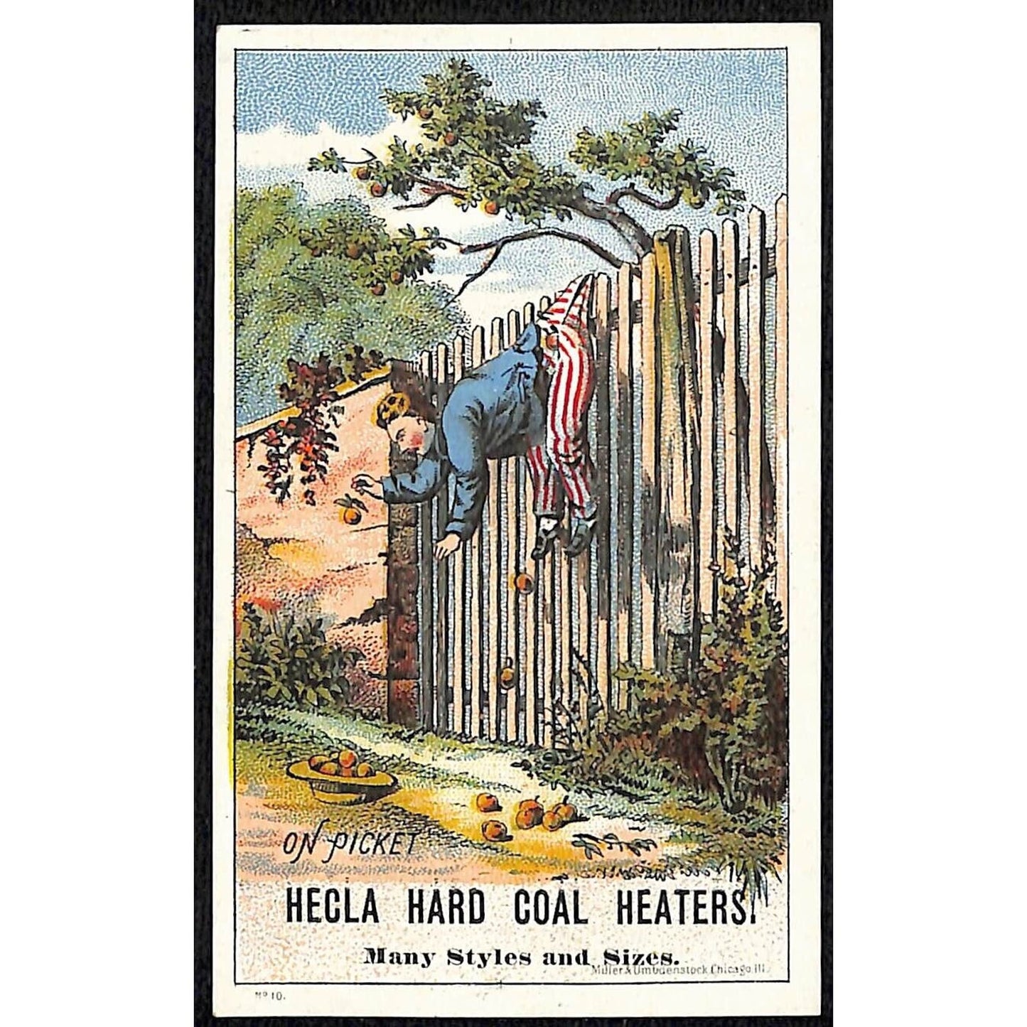 Hecla Hard Coal Heaters Victorian Trade Card Man's Pants Stuck on Wood Fence VGC