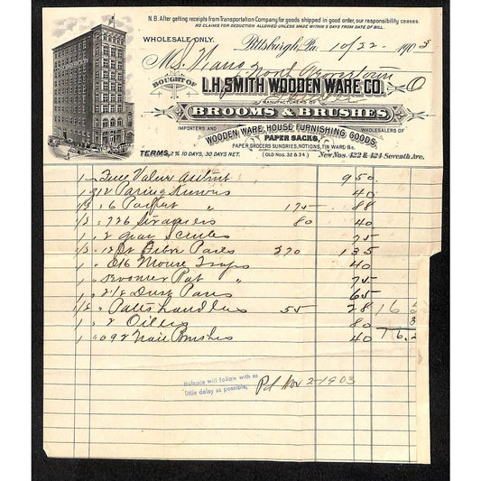 L.H Smith Wooden Ware Co 1903 Billhead Samuel Wang* N. Georgetown OH
