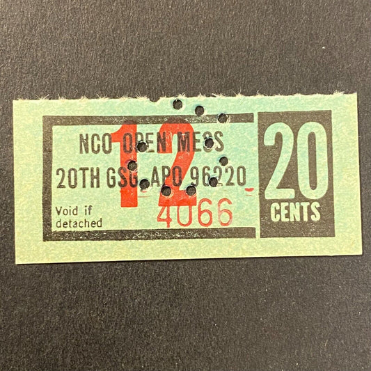 Bupyeong, Korea 20th GCG APO 96220 NCO Open Mess 20c Coupon c1970