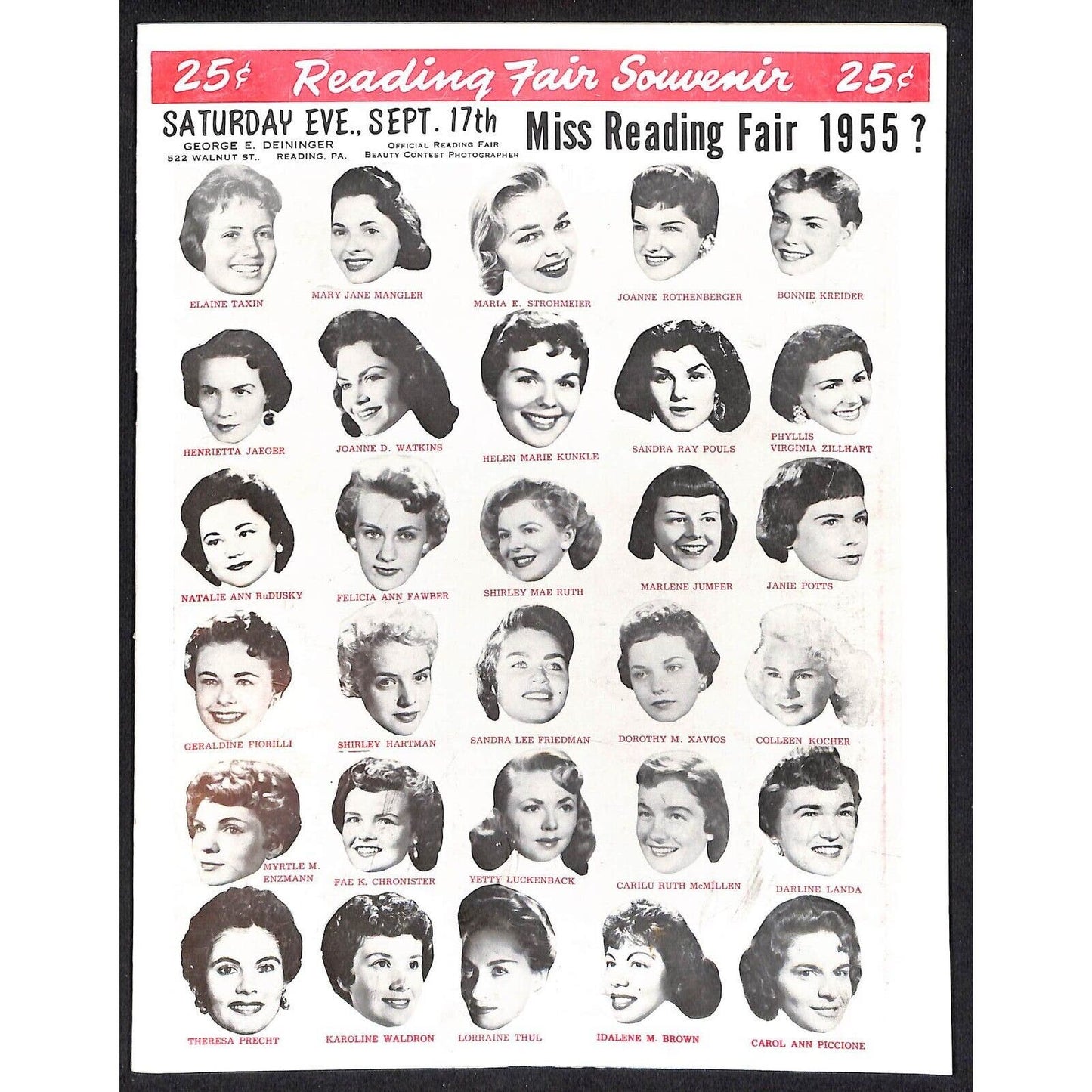 Reading Fair 1955 Program "Miss Reading Fair" Girls & Sunday Racing 16pp* VGC