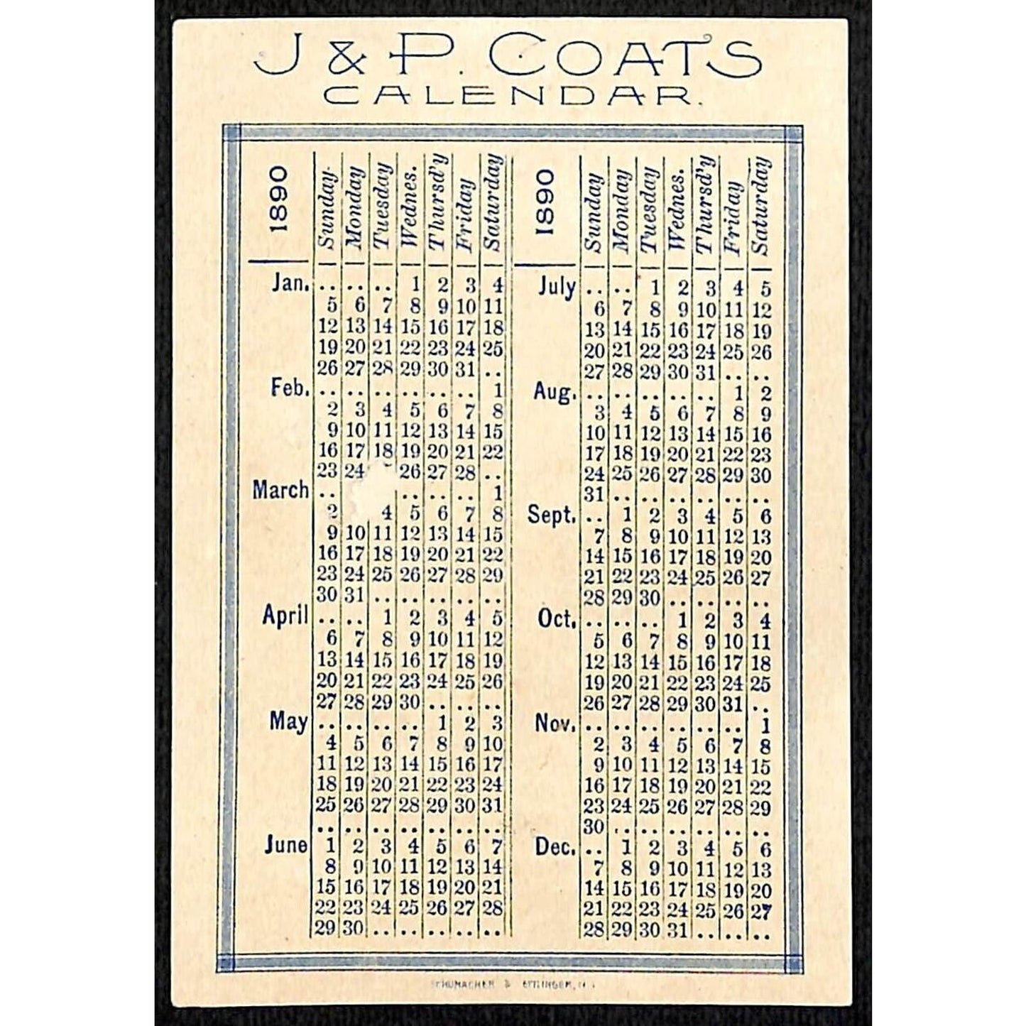 J & P Coats Thread Victorian Trade Card 1890 Calendar Harp & Flute Players