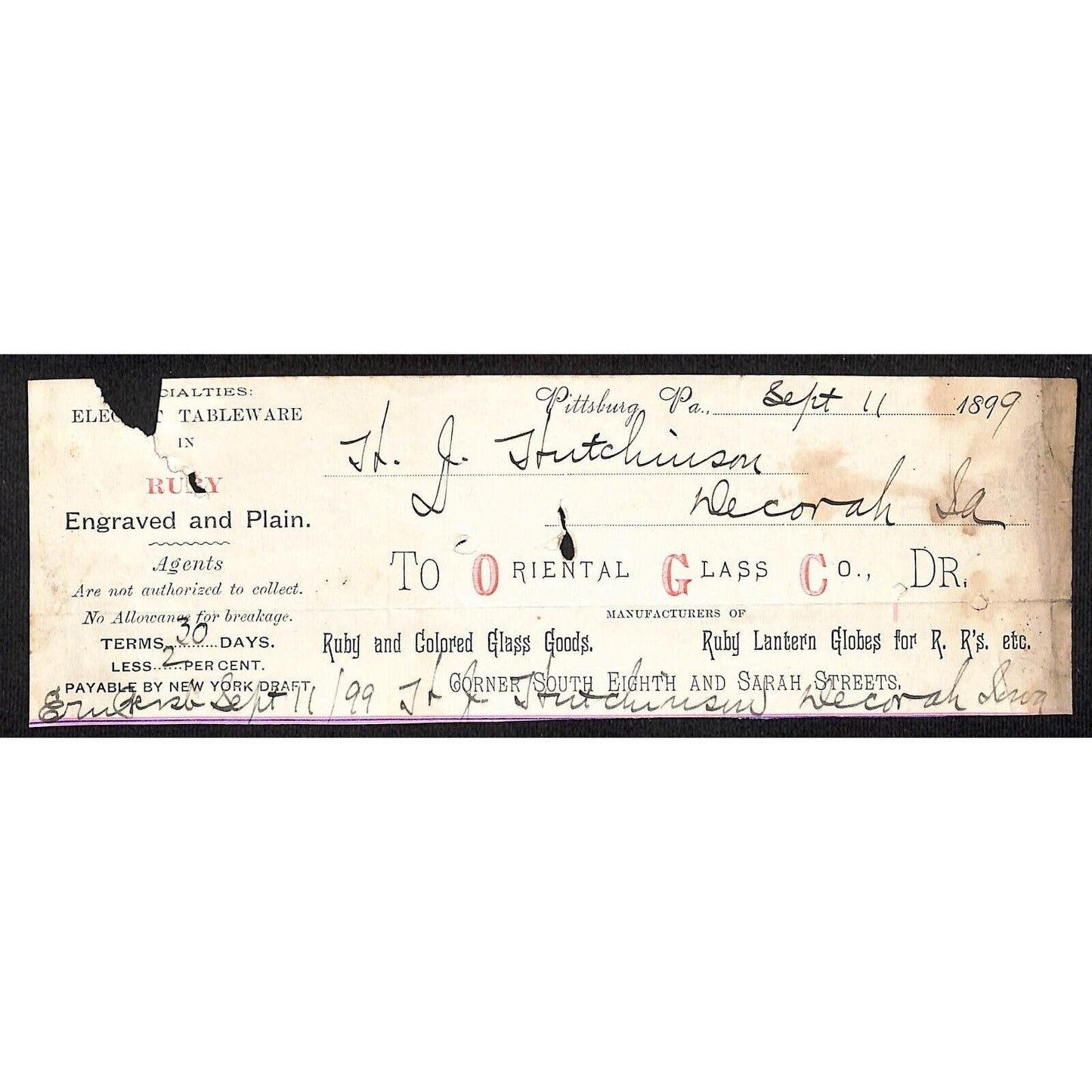 Oriental Glass Co. Pittsburg Ruby Hutchinson Decorah IA** Cut 1899 Billhead