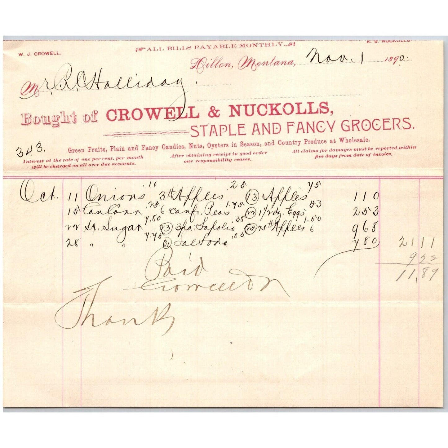 Dillon MT Crowell & Nuckolls Mar. 1890 Billhead Fancy Groceries R.C. Halliday*