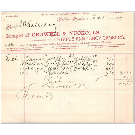 Dillon MT Crowell & Nuckolls Mar. 1890 Billhead Fancy Groceries R.C. Halliday*