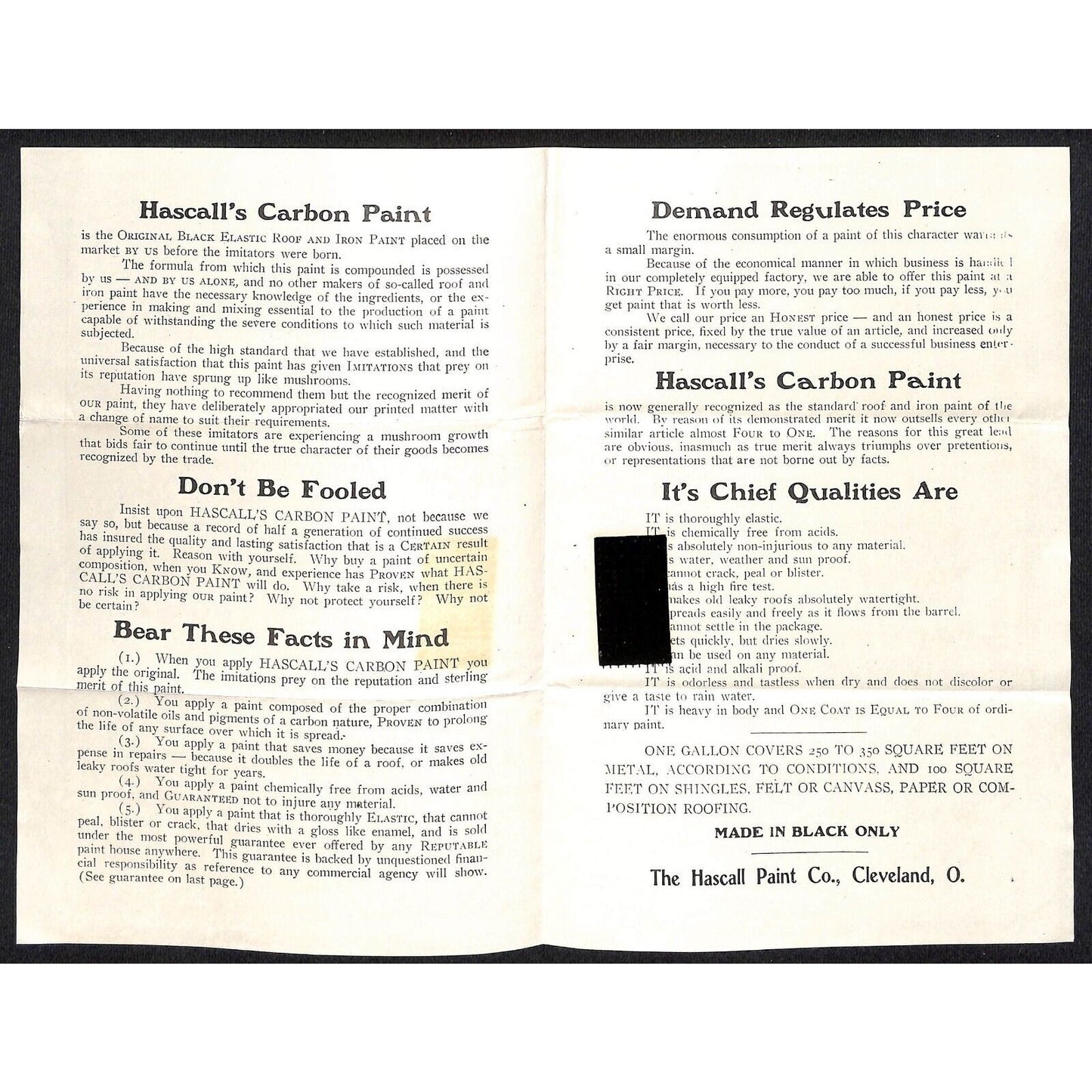 Hascall's Carbon Paint Cleveland, OH c1910 Product Brochure Sheet w/ Sample VGC