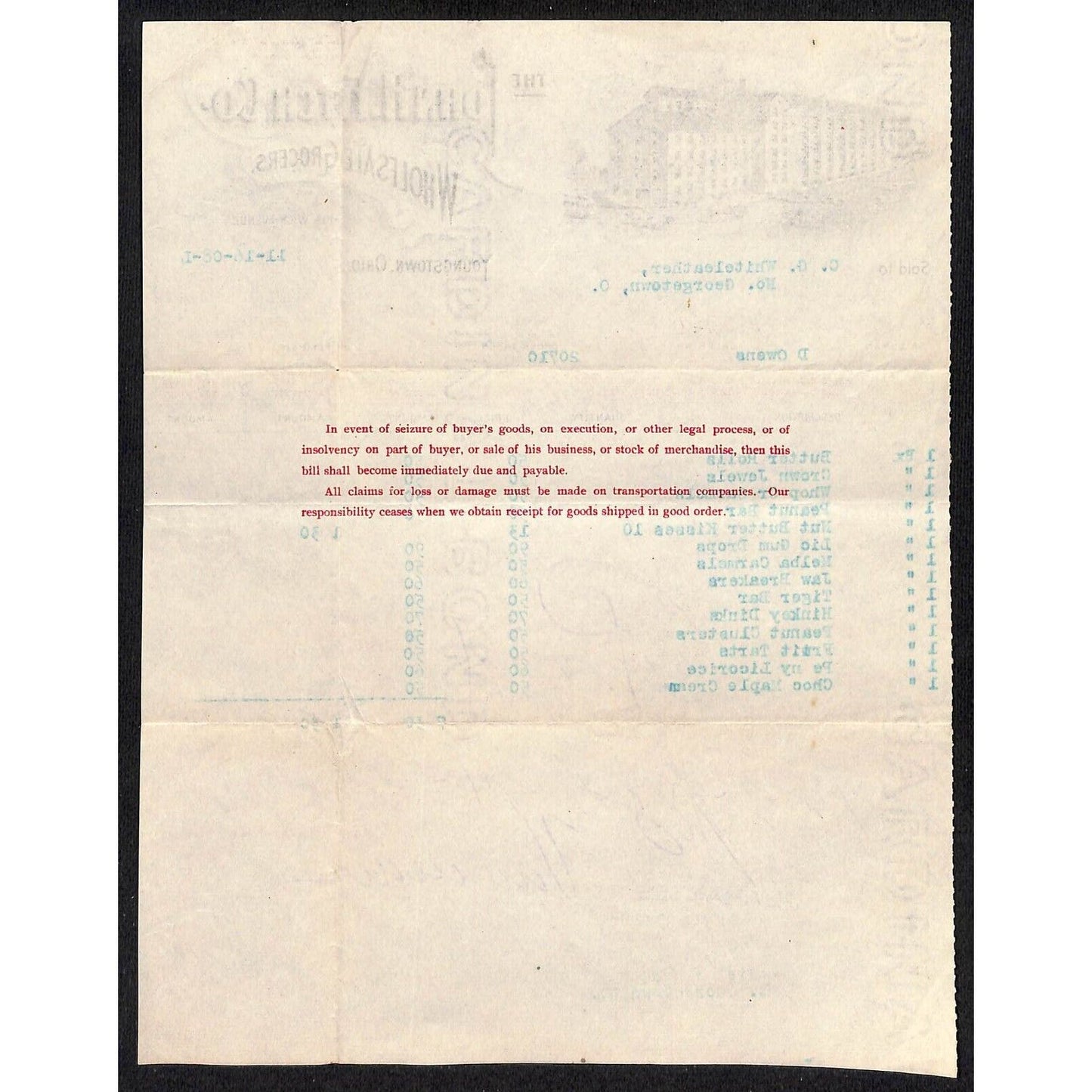 John H Fitch Co. Youngstown 1908 Billhead Whiteleather* N. Georgetown OH