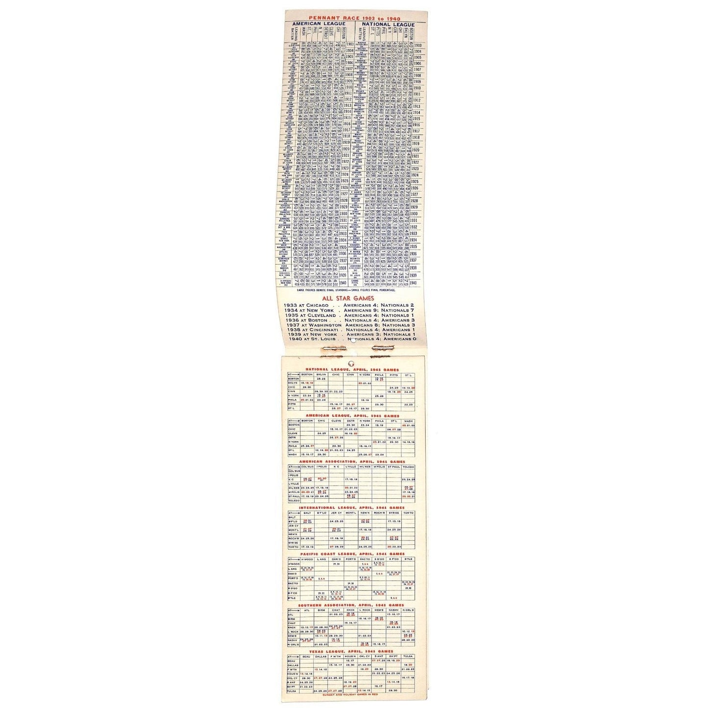 1941 Baseball Calendar Roaring Spring PA 3" x 8" Scarce Complete 20pp VGC