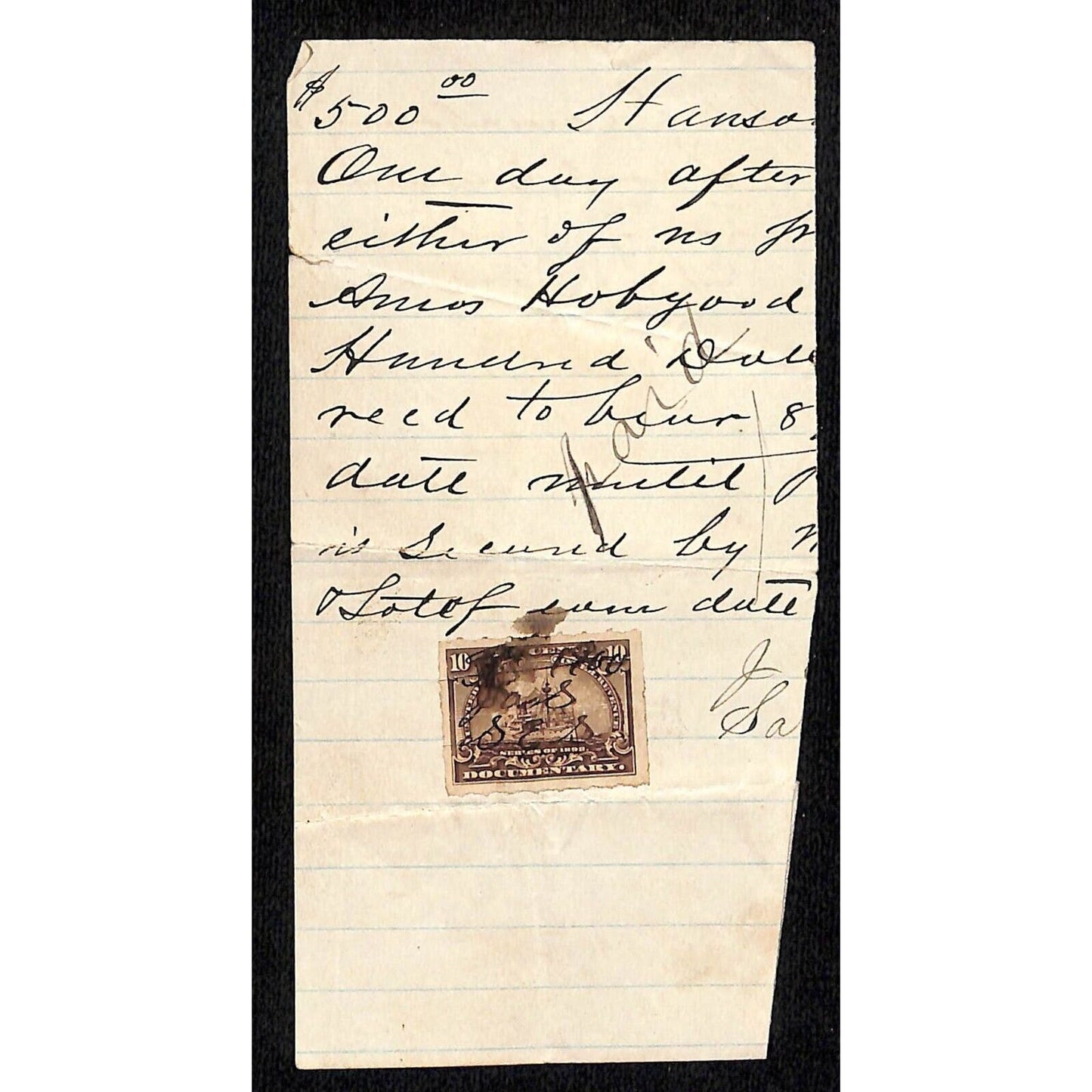 1900 $500 Receipt Amos Hobgood w/ 10c Tax / Documentary Stamp