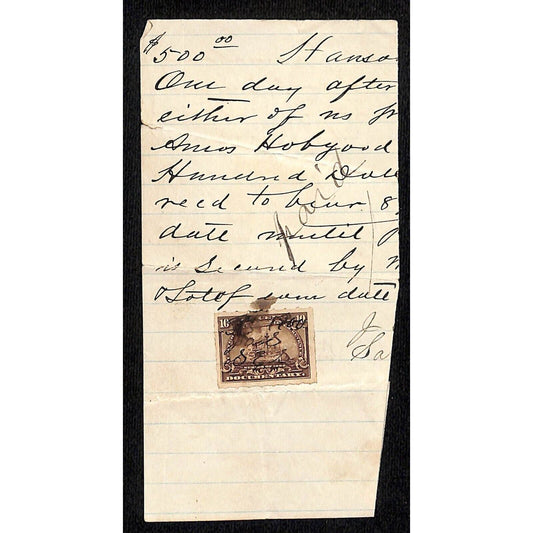 1900 $500 Receipt Amos Hobgood w/ 10c Tax / Documentary Stamp