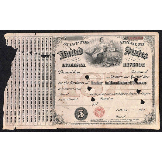 1876 US Internal Revenue "Stamp For Specialty Tax" Document For Tobacco Vignette