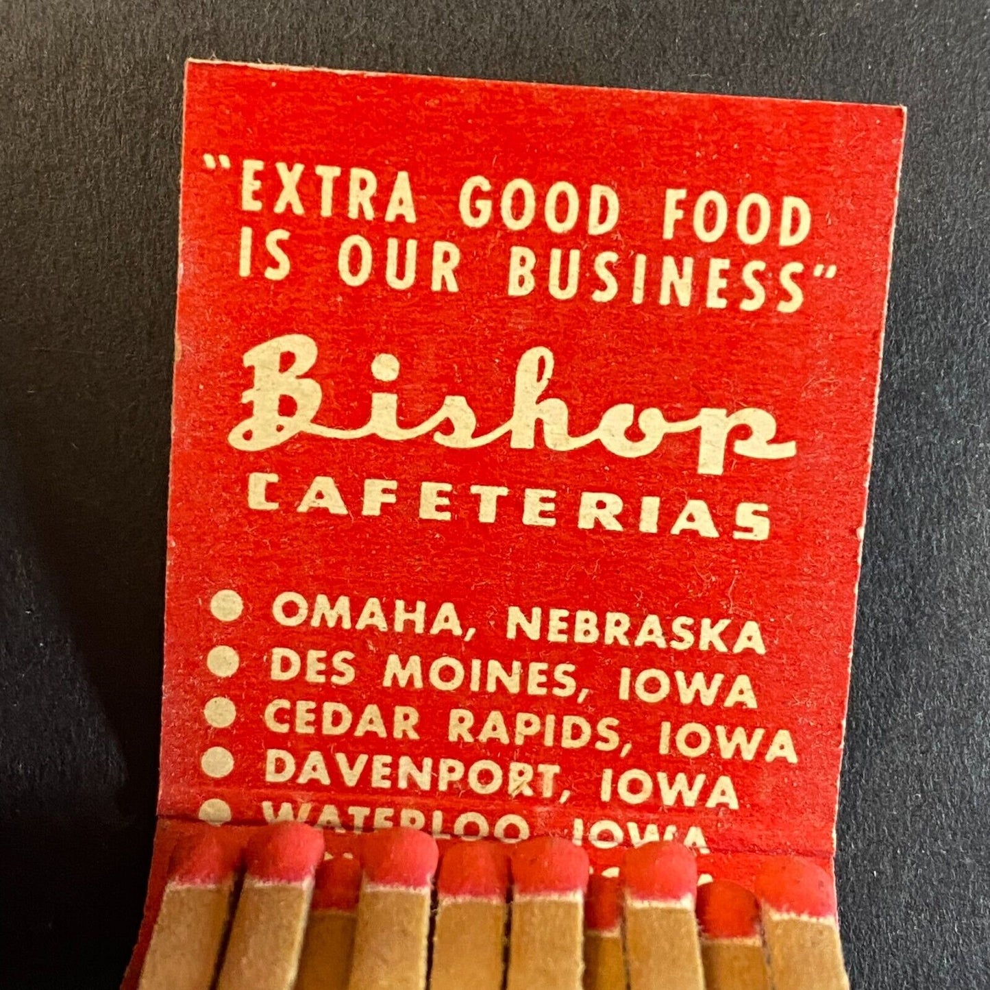Bishop Cafeterias Nine Iowa Locations Full Matchbook c1940's-50's Scarce