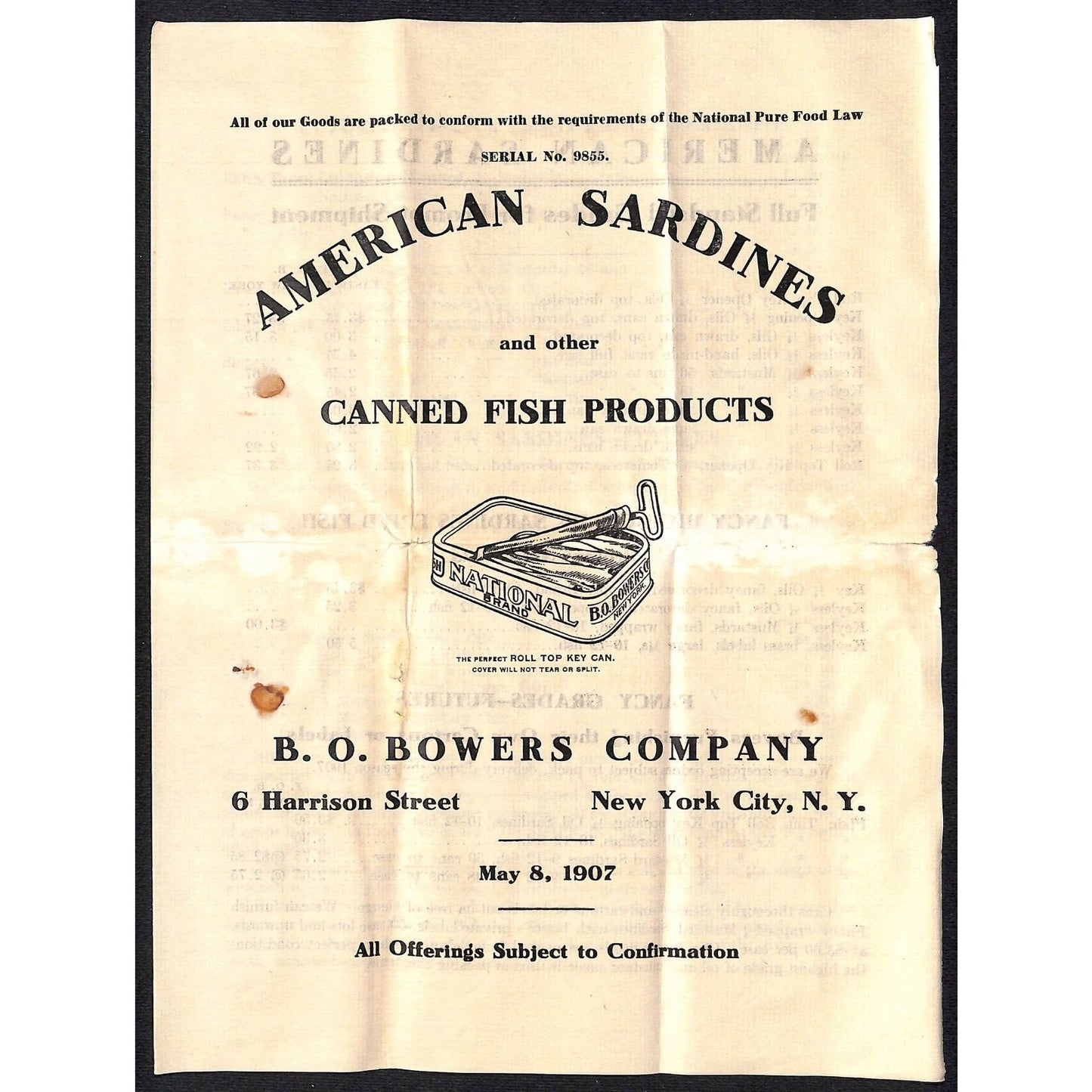 B.O. Bowers Co NYC 1907 American Sardines / Other Canned Fish Price Sheet Scarce