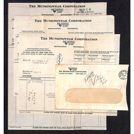 Munsingwear Munsing Wear (Underwear) 23rd St. NYC 1925 3 Billheads + Cover