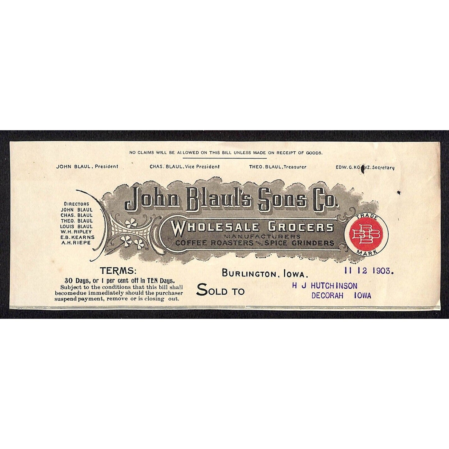 John Blaul's Sons Grocers Burlington IA Hutchinson* 11/12 1903 Cut Billhead