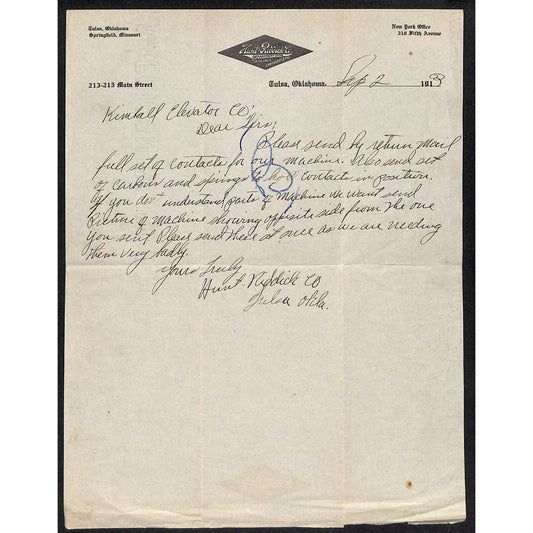 1913 Hunt - Riddick Department Store Tulsa, OK Kimball Elevators ALS Letterhead
