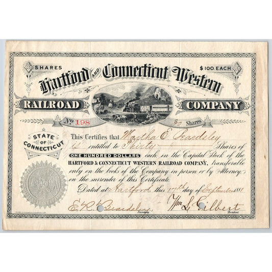 Hartford & Connecticut Western RR Co. 1881 Stock Certificate Martha E. Beardsley