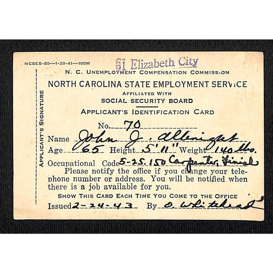 1943 North Carolina State Employment Service Applicant's ID Card