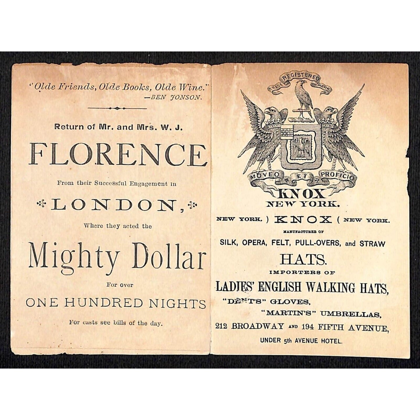 Mr. & Mrs. Florence "Mighty Dollar" Theatre Knox New York Hats Cover Only c1880