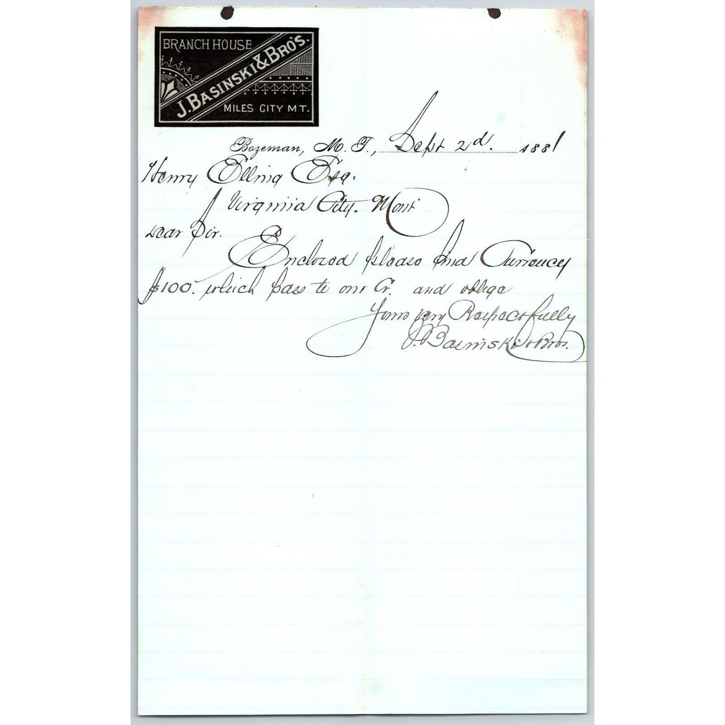 J. Basinski & Bros. Bozeman, MT (Dry Goods) 9/2 1881 Letterhead Henry Elling*