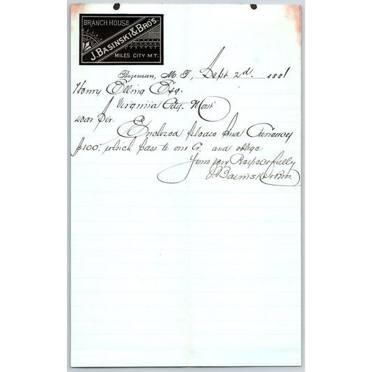 J. Basinski & Bros. Bozeman, MT (Dry Goods) 9/2 1881 Letterhead Henry Elling*