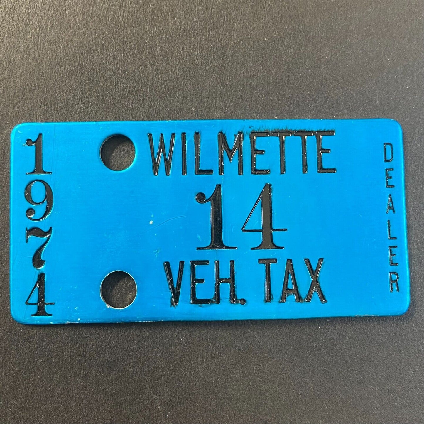 1974 Wilmette Vehicle Dealer Tax / License Tag #14 Aluminum 1 1/2" x 3"