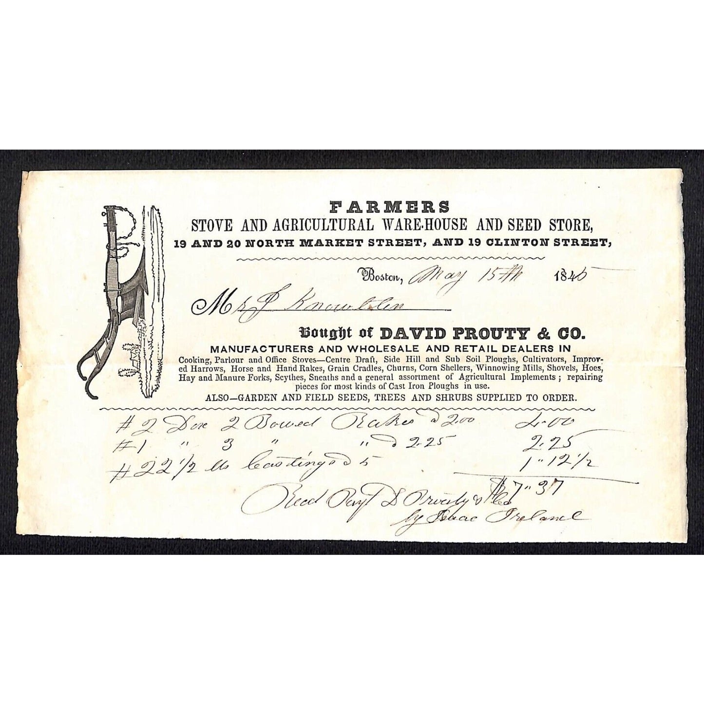 1845 Jabez Knowlton* Newburgh, ME David Prouty & Co. Agricultural Seed Billhead