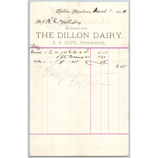 Dillon MT A.S. Rife Dillon Dairy 1889 18 Gallons Milk Billhead R.C. Halliday*