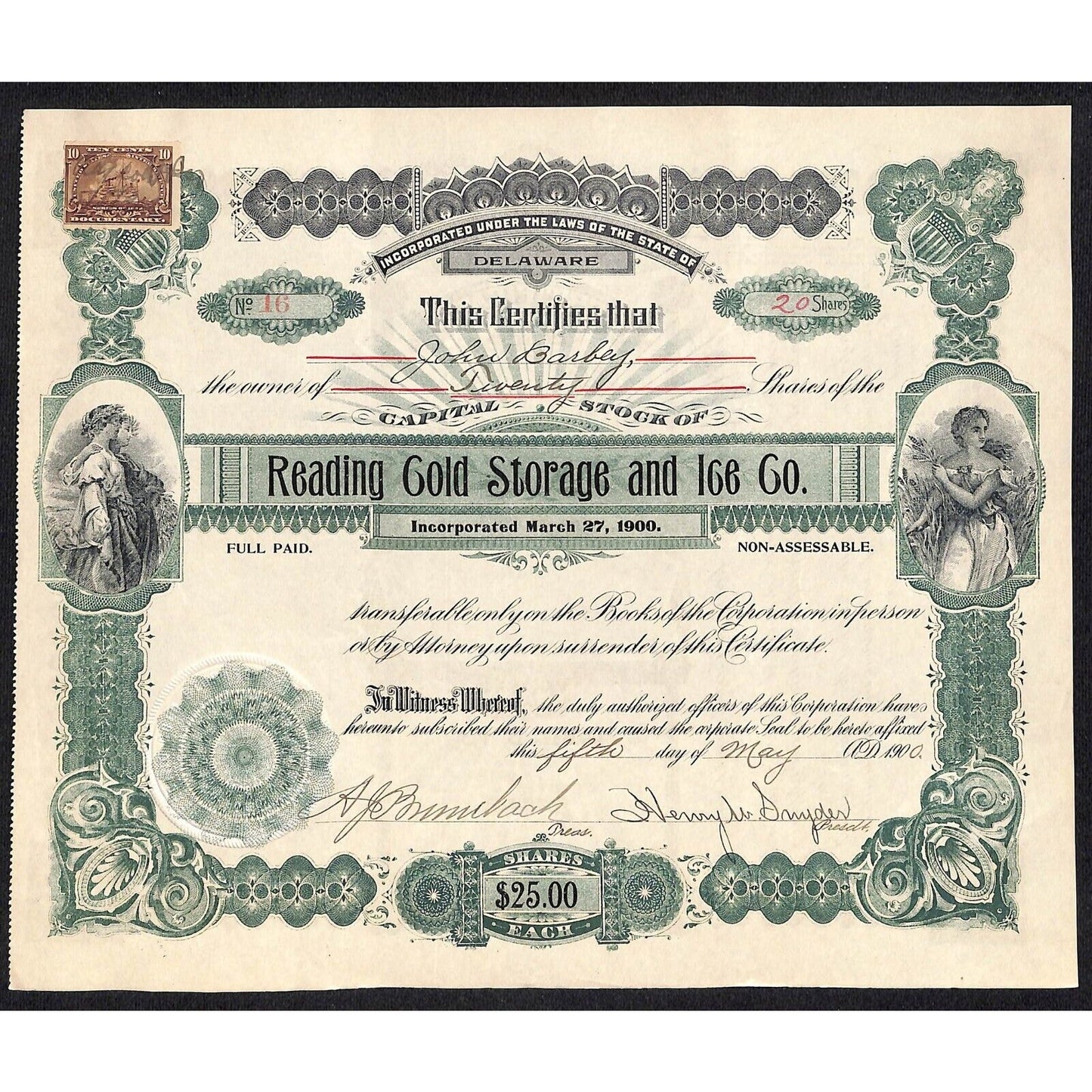 Reading Cold Storage and Ice Co. PA 1900 Stock Certificate John Barley Scarce