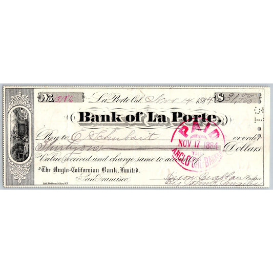 Bank of La Porte Check E. Schubart 1884 Mining Vignette #13186