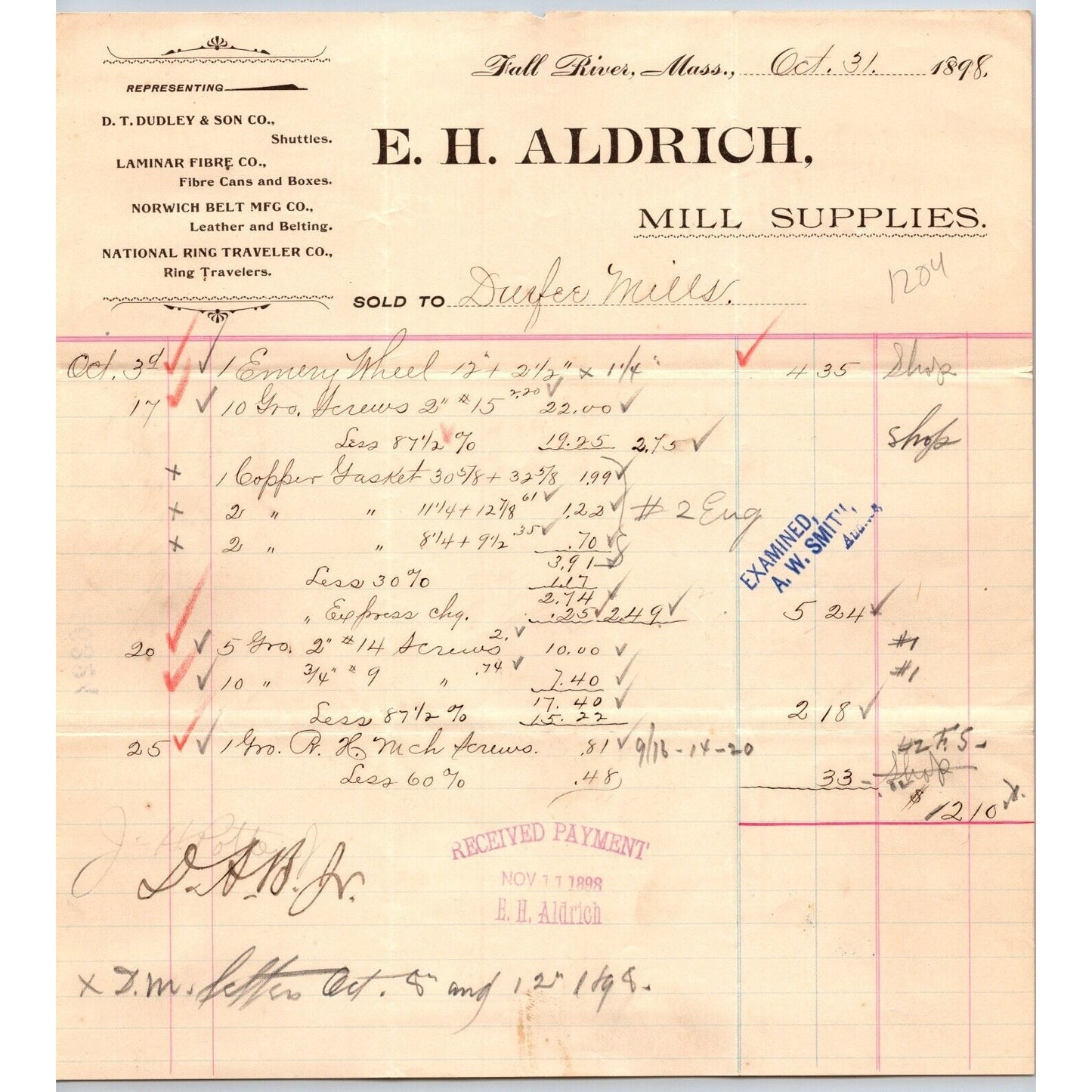 E.H. Aldrich Mill Supplies Fall River, MA 1898 Billhead Durfee Mills Scarce