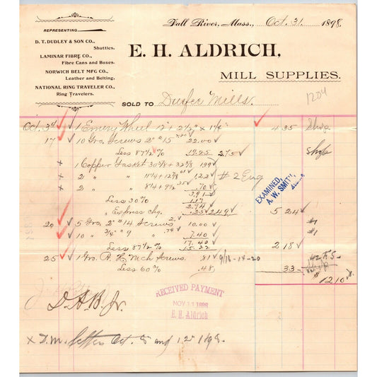E.H. Aldrich Mill Supplies Fall River, MA 1898 Billhead Durfee Mills Scarce