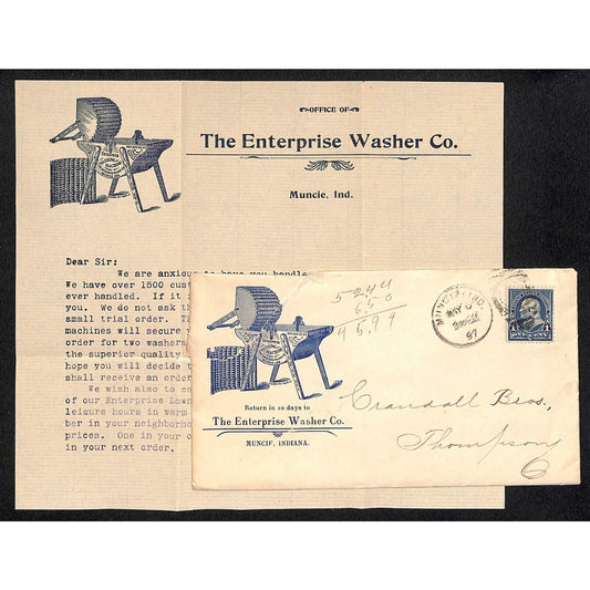 Enterprise Washer Co. Muncie, IN 1897 Billhead w/ Matching Cover - Scarce