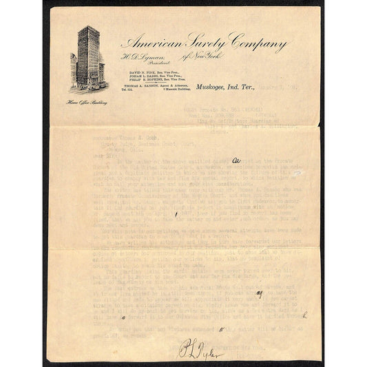 1908 American Surety Co. Indian Territory Muskogee, OK Letterhead w/ Vignette