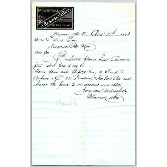J. Basinski & Bros. Bozeman, MT (Dry Goods) 8/30 1881 Letterhead Henry Elling*